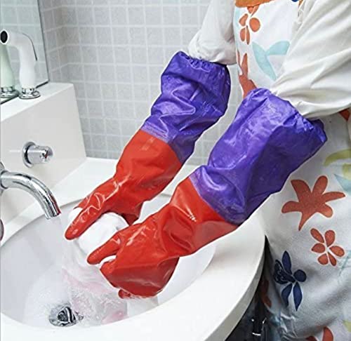 Image of Reusable Rubber Latex PVC Flock lined Long Sleeves elbow length Hand Gloves for Kitchen Dish-Washing, Cleaning, Gardening, Laundry and Sanitation and Lab Work (Long Elbow Gloves + Pink)