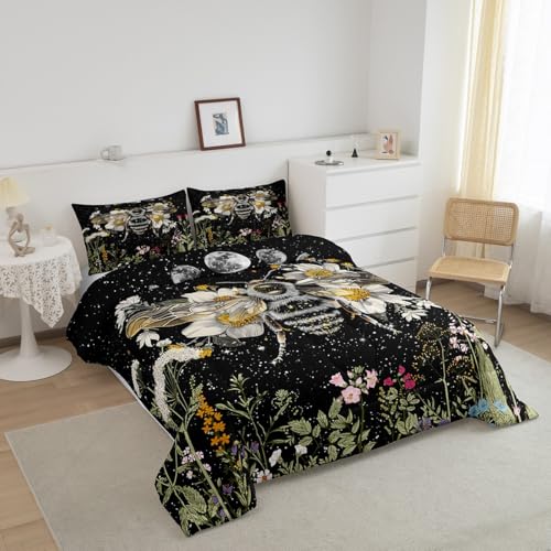 Image of Wildflower Bee Bedding Set for Boys Girl Full,Moon Phase Botanical Honeybee Kids Inner Fill Comforter Vintage Plant Nature Blossom Leaf Floral Garden Leaves Comforter Set,Bohemian Quilt Set Decor
