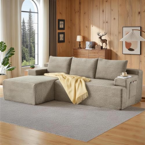 Image of Boneless Couch, Modular Sectional Couches for Living Room, U-Shaped Cloud Couch Sofa with Deep Seat, Fluffy Corduroy Upholstered Corner Sofa
