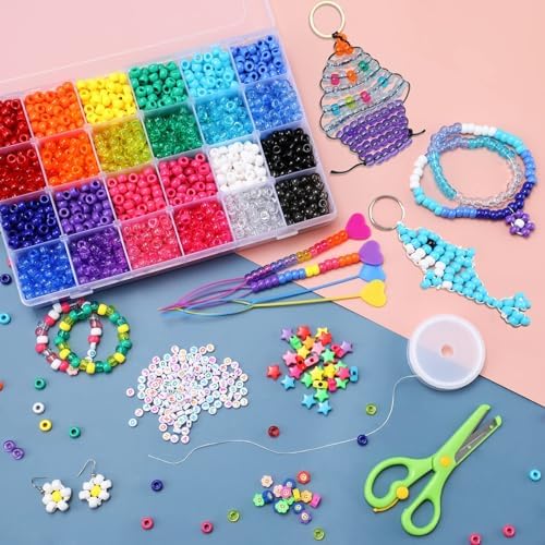 4000+ pcs Pony Beads Craft Set in 24 Colors with Hair Beads Beader Tool for Girls, 9mm Kandi Bracelet Jewelry Making Kit with Scissors, Letter Beads, Elastic String, Smiley Face Star Loose Beads 5 51fktDedQAL. AC
