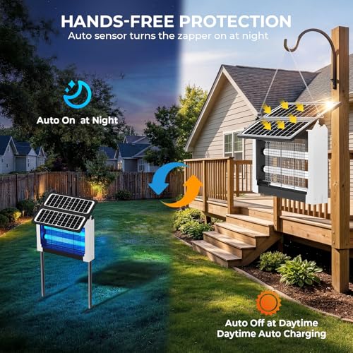 Upgraded Solar Bug Zapper Outdoor with Dual Panels, 4500V Cordless Rechargeable Fly Insect Killer Waterproof Electric Mosquitoes Zapper for Patio Garden Backyard RV Camping Pond — view 5
