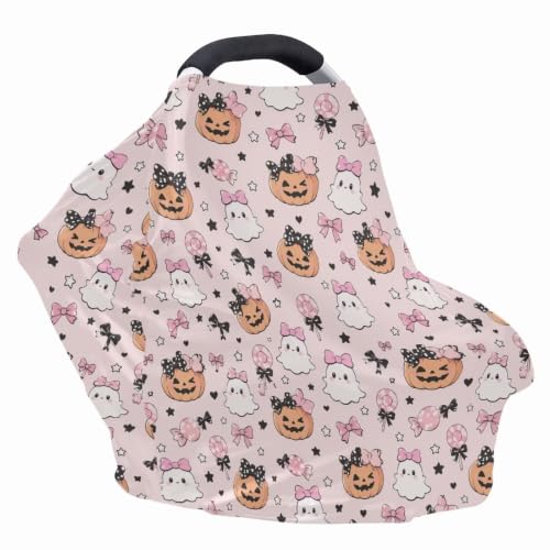 Image of Wanyint Car Seat Covers for Babies Girls Boys, Stretchy Carseat Canopy Soft Baby Breastfeeding Nursing Scarf Infant Stroller Cover Halloween Decor, Cute Ghost Pumpkin Bow Pink