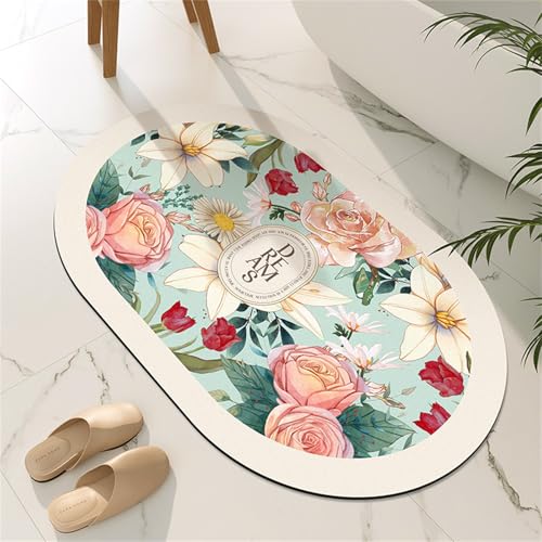 Odot Oval Alfombra Baño Secado Rápido Alfombrilla de Baño Estilo Pastoral Antideslizante de Piedra Diatomita Súper Absorbente Alfombra de Baño Felpudo Suaves y Delgadas (Jardín,40x60cm)