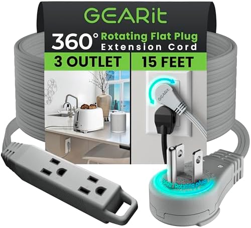 GEARit 360 Rotating Flat Plug Extension Cord with 3 Outlets (15ft, Gray) 16AWG/13A 3 Prong Wire, Outlet Saver for Home Office Dorm Room Essentials, ETL Certified