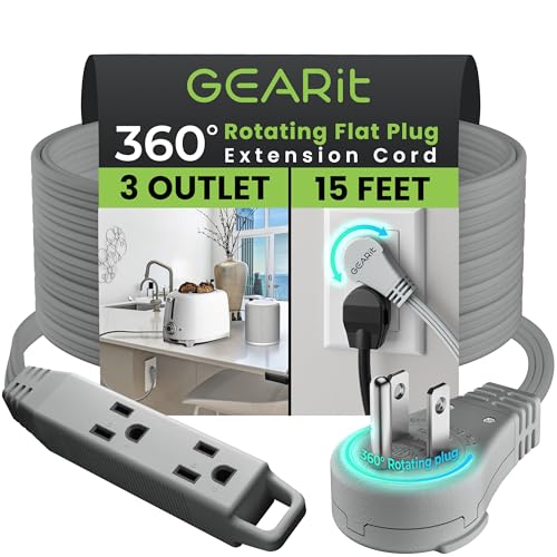 GEARit 360 Rotating Flat Plug Extension Cord 3 Outlet 16 AWG 15 Feet Gray