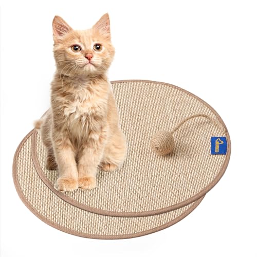 Mearrcgo Cat Scratch Mat [2-Pack] - 15.7 X 15.7 Inch Round Cat Scratcher Mat Woven from Bamboo, Wear-Resistant, No Crumbs, with Magic Stickers and Spiral Nails to Protect Sofa, Floor, Wall, Carpets