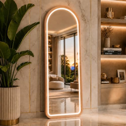 Image of 5 Feet 3 in 1 LED Lighted Arch Mirror, Rose Gold | Full Length, Wall-Hanging, Premium 5mm Thick Frame, Backlit Tall Arched Vanity Mirror