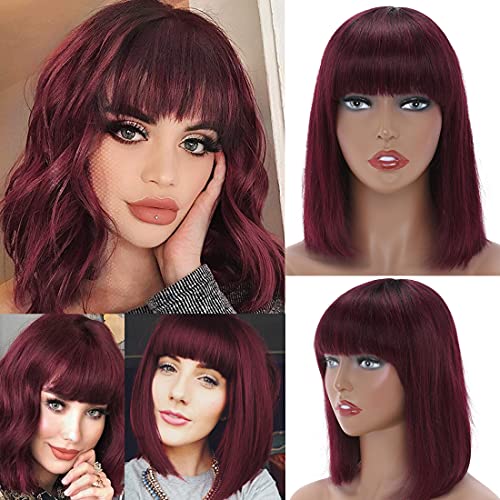 S-noilite 10 Inch Short Bob Human Hair Wigs with Bangs Straight Bob Wigs for Black Women Brazilian Virgin Human Hair Glueless Machine Made Bob Wigs #Natural Black/Wine Red