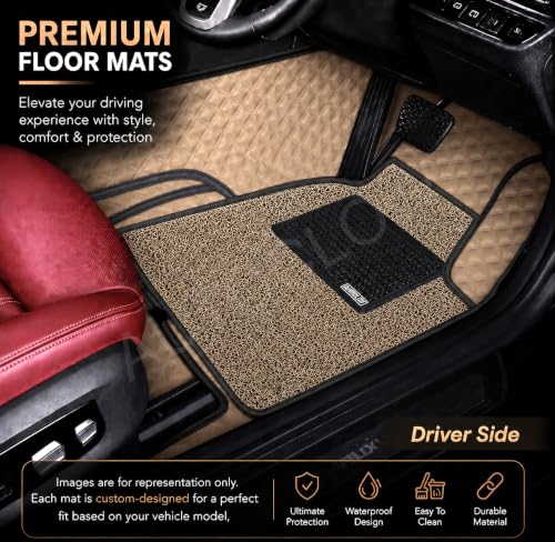 Image of Premium 7D Car Mat for BYD ATTO 3 (All Variants) || Luxury Leather Dual-Stitch Full Set 7D Car Floor Mat || 100% Waterproof || Color : Beige-Beige (Design-1)