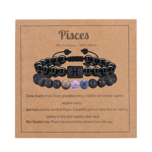 Vlinras Zodiac Beaded Bracelets For Men Women, 8Mm Black Onyx Lava Rock Bracelets Zodiac Pisces Gifts Healing Crystals Bracelet Adjustable #TOP10