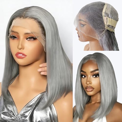 Silver Grey Bob Wigs Human Hair 13x6 HD Lace Front Wig Pre Plucked Pre Cut 180% Density Wear and Go Glueless Straight 13x6 Lace Bob Wigs for Women Grey Colored Wig Human Hair with Baby Hair 12 Inch