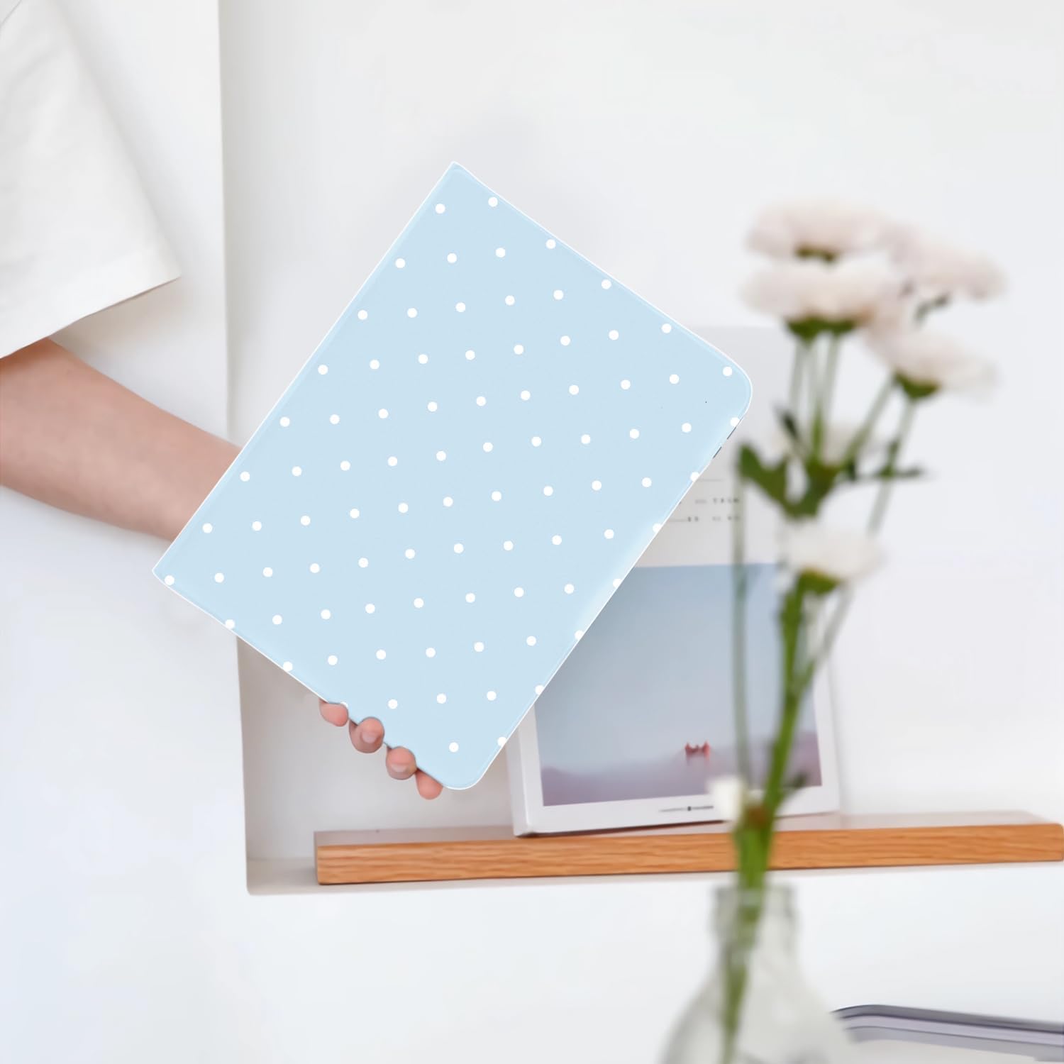 Cute White Polka Dot for iPad mini 7 A17 Pro 2024/iPad Mini 6 Case with Pencil Holder, Auto Sleep/Wake and Multiple Viewing Angles, Blue Leather Soft TPU Back Cover
