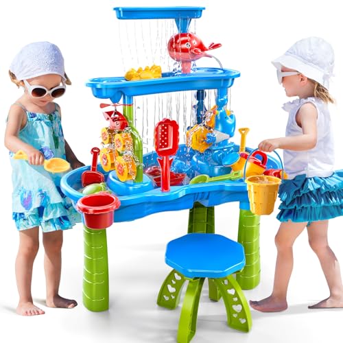 NIPLOOOW Water Table for Toddlers 3-5, 3-Tier Kids Sand Water Table, Water and Sand Activity Sensory Tables Summer Outdoor Toys Beach Toys for Outside Backyard for Kids Toddlers Age 3 4 5 6 7 8