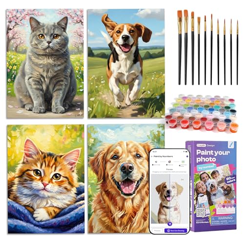 Caydo 4 Pack Custom Paint by Numbers from Photo Custom Paint by Numbers Kit for Adults via App A4 Canvases 10 Brushes & 60 Colors Relaxing Crafts Gift to Create Home Wall Art