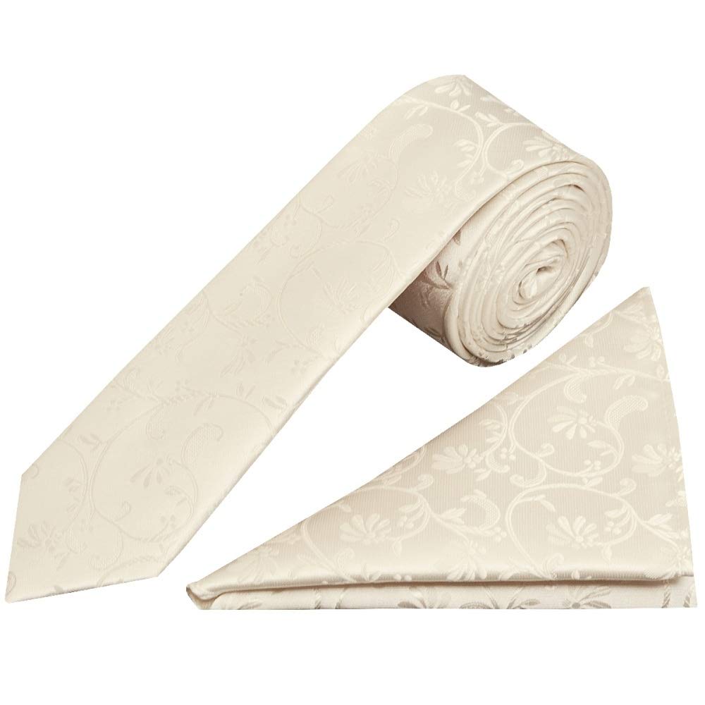 Ties R Us Men's Ivory Floral Skinny Tie And Pocket Square Set