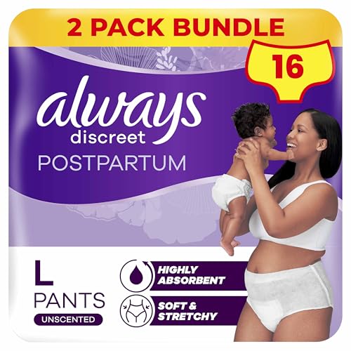 Always Discreet Postpartum & Adult Incontinence Pants High-Waisted Maternity Knickers Super Absorbent, Soft & Breathable Size Large, 16 Count (8 x 2 Packs)