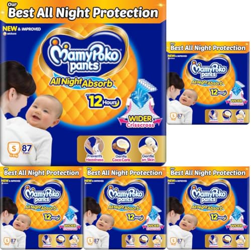 Image of Mamypoko Pants All Night Absorb|Pant Style Baby Diapers Small Size(S),87 Count,Ideal for 4-8Kgs|1 Diaper: Upto All Night Absorption|Wider Crisscross Sheet|Gentle Coco Care|12hr Leakage Protection