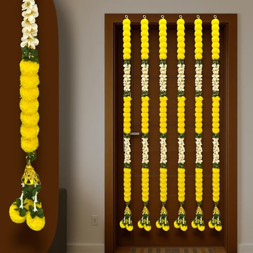 Image of iHandikart Pack of 2 Artificial Yellow Marigold Flower Garlands with White Jasmine Leaves (72 Inch) - Extra Long Decorative Floral Strings for Pooja, Temple, Wedding Backdrop, Diwali, Haldi & Mehandi