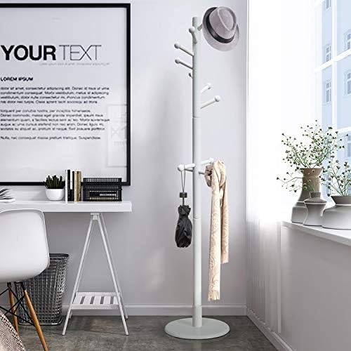 Vlush Sturdy Wooden Coat Rack Stand, Entryway Hall Tree Coat Tree with Solid Round Base for Hat,Clothes,Purse,Scarves,Handbags,Umbrella, White