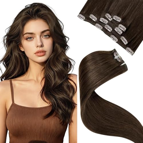 Image of LaaVoo Human Hair Clip In Extensions, 5pcs 80g, For Special Occasion | Hair Extensions Clip Ins, Creates Fuller Silhouette, Suited For Event Styling With Warm Chocolate Brown 14inch