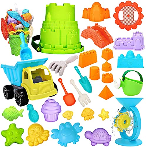 RichSmile 32Pcs Kids Beach Sand Toys Set with Mesh Bag Includes 10 Sand Castle Molds, Water Wheel, Bucket, Sand Shovel Tool Kits, Mycaron Sand Molds, Play Sand Toys for Toddlers Kids Outdoor Orange