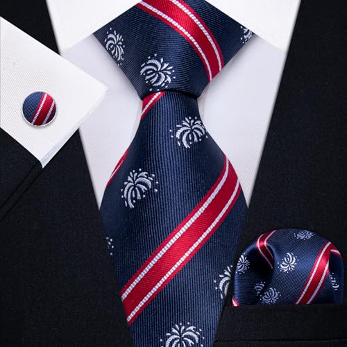 Image of YourTies American Flag Ties for Men Woven Silk Blue Striped Necktie with Handkerchief Cufflinks Set Formal Business