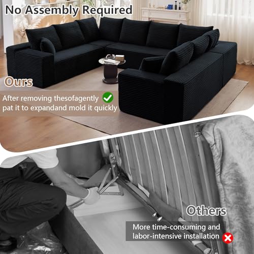 Image of Modern Modular Sectional Sofa, Big Comfy Corduroy Cloud Couch with Deep Seat, Boneless Couch Upholstered 8-Seater U-Shaped Sofa for Living Room, No Assembly Required (Black)