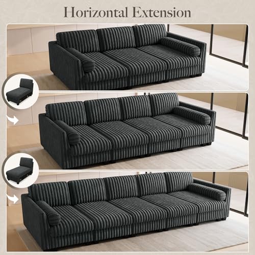 Image of Belffin Modular Sectional Sleeper Sofa Bed with Extendable Length Corduroy Couch Deep Seat Cloud Couch for Living Room. Grey Convertible Sectional Sofa Bed
