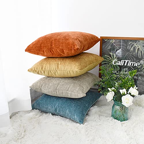Calitime Throw Pillow Covers Modern Multi-Color Matching Cozy Soft Chenille Cushion Cases Shells For Couch Sofa Home Decor, 18 X 18 Inches - Pack Of 4, Gold Taupe Smoke Blue Burnt Orange #TOP3
