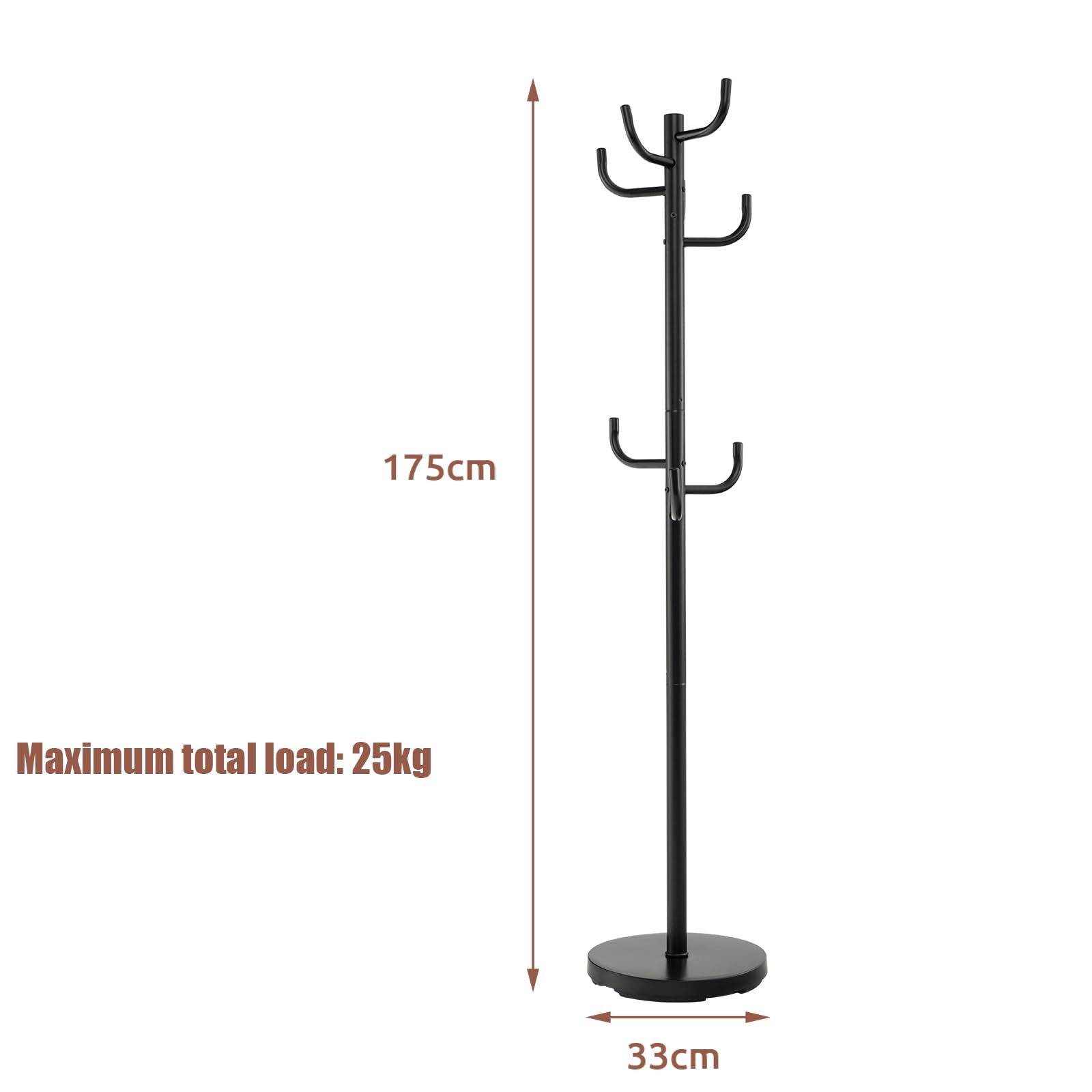 HOMASIS Attaccapanni da Terra da Pavimento, Appendiabiti in Ferro, Stand Appendiabiti da Terra per Ingresso, Corridoio, Salotto, Mobile Porabiti per Cappotti con 8 Ganci, Altezza 175 cm, Nero