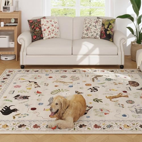 Living Room Rug 5x7 Rug Machine Washable Boho Area Rug Non Slip Floral Animal Cat Vintage Low Pile Large Rugs for Living Room Bedroom Farmhouse Dining Room Kids Playroom, Beige