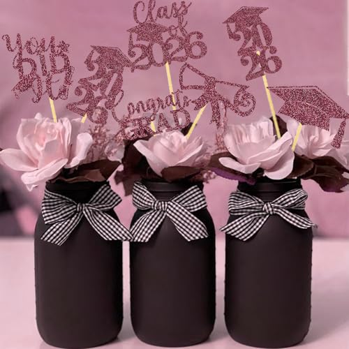 Image of Graduation Centerpiece Sticks 24PCS Glitter Grad Picks Party Table Decor Senior High School College Sign Maroon