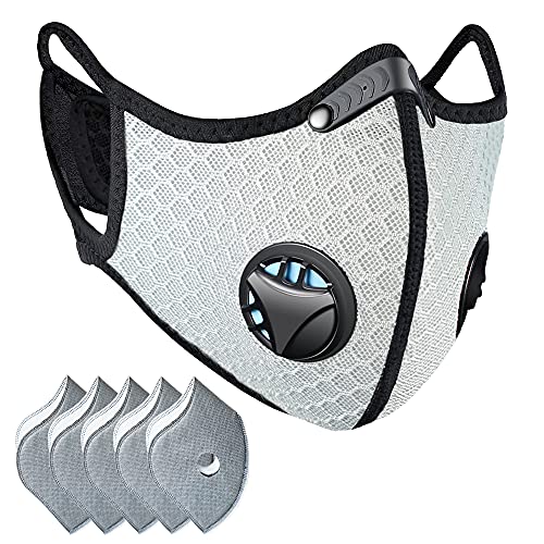 Besungo Reusable Dust Mask Sports Face Mask with Filter, Men's and Women's Universal Masks, Suitable for Woodworking, Outdoor Activities (Gray, 1 Mask + 5 Filters Included)