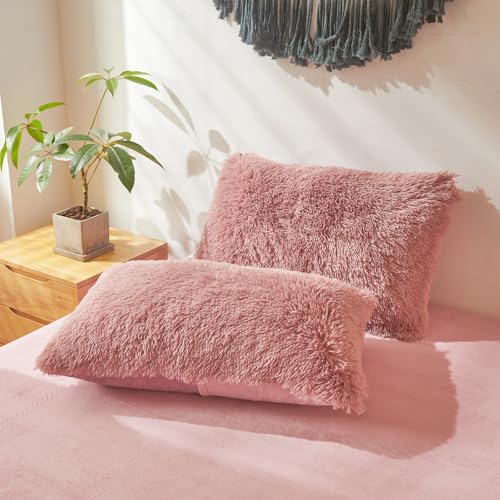 Shaggy Fluffy Old Pink Comforter Cover Queen Set – Faux Fur Shaggy Old Pink Bedding 3-Piece Set (1 Duvet Cover + 2 Furry Pillow Shams) Cozy Bed Set