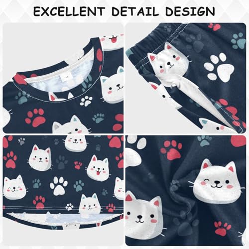 Long Sleeve Pajama Set for Girls Boys,Cats and Paws Pattern Comfy Crewneck Sleepwears,Soft Kid's Homewear Clothes Underwear Sets 8T3