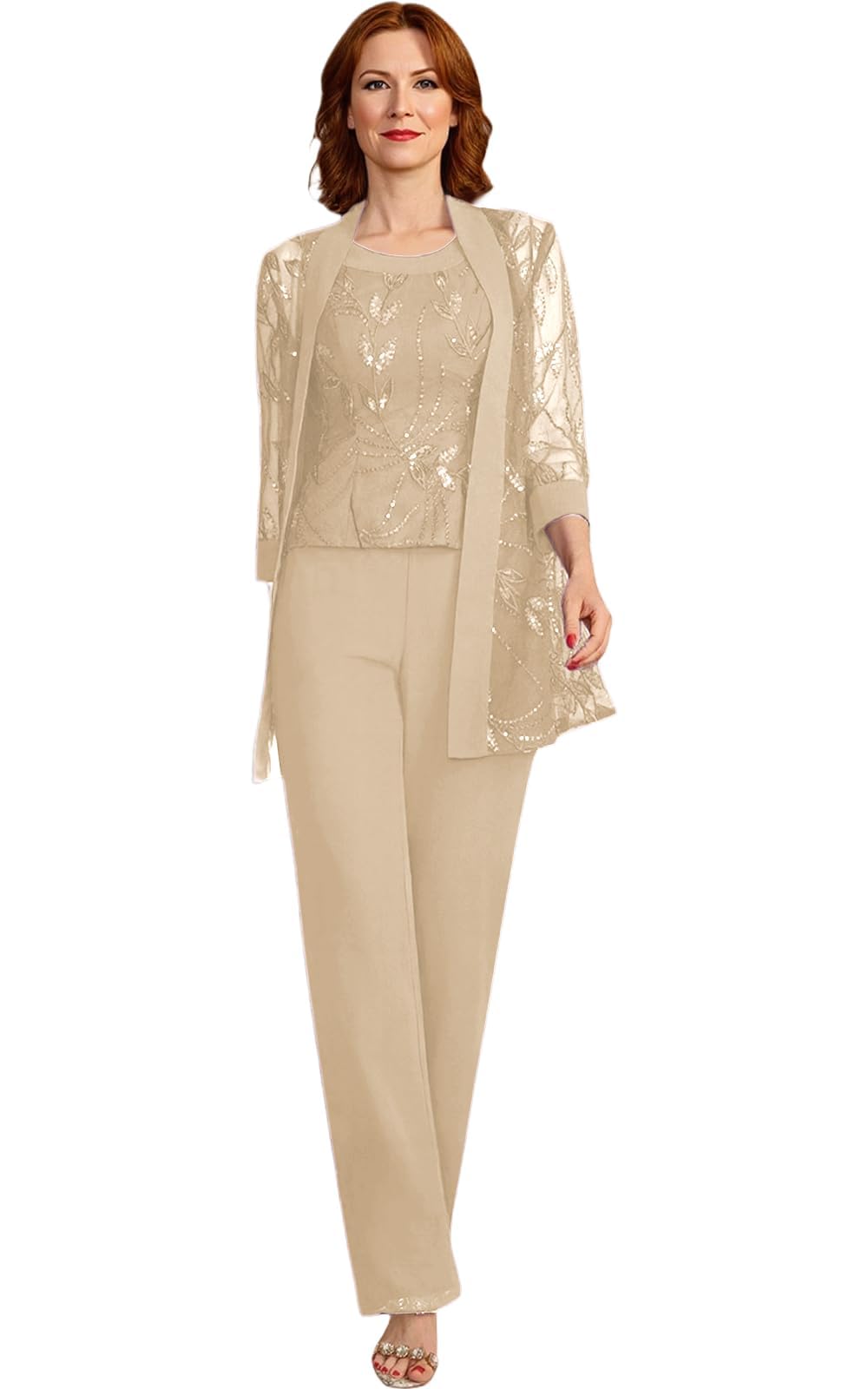 3 Pieces Dressy Pant Suits for a Wedding - Sequin Chiffon Lace Long Mother of The Bride Pant