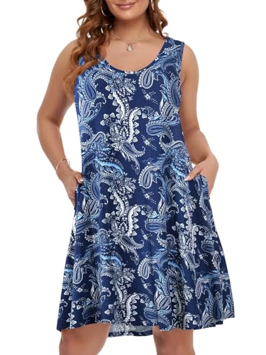 BELAROI Women Plus Size Sundress Summer Casual Floral Dresses Beach Swimsuit Cover Ups Sleeveless Tshirt Scoop Neck Swing Tank Pockets (5X, Flower17)