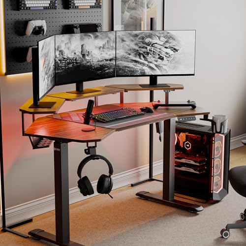 Image of EUREKA ERGONOMIC Aero 55 Inch W Shaped Electric Standing Desk, Height Adjustable Computer Gaming Desk with LED Monitor Shelf, Mouse Pad, Headphone Hook, Cup Holder, Dark Walnut