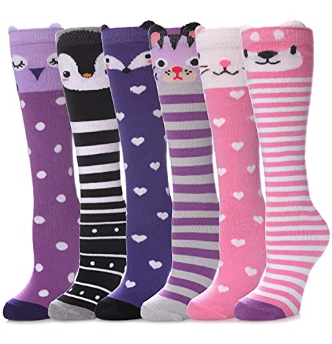POEATEZO 3-12 Years Girls Knee High Socks Kids Funny Animal Pattern Warm Cotton Long Tall Boot Socks 6 Pairs