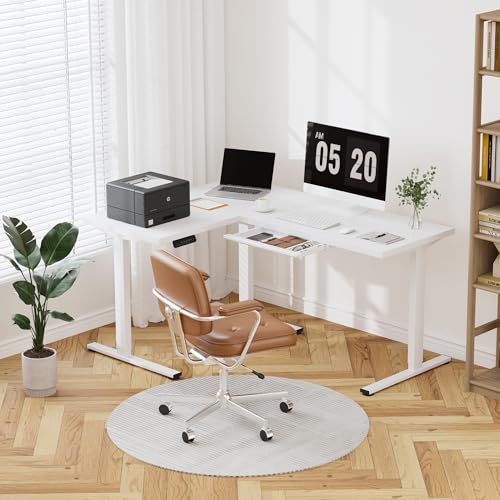 Image of FLEXISPOT L Shaped Standing Desk, 63 x 47 Inch Electric Height Adjustable Corner Desk, Sit Stand Computer Workstation, Preset Controller, Home Office, White