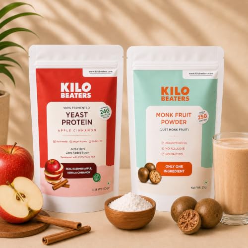 Image of Kilobeaters Fermented Yeast Protein Powder 50g (Pack of 4) & Monk Fruit Powder 25g Combo | Apple Cinnamon Flavour | Easy to Mix | Resealable Pouch | Gluten Free | Zero Added Sugar