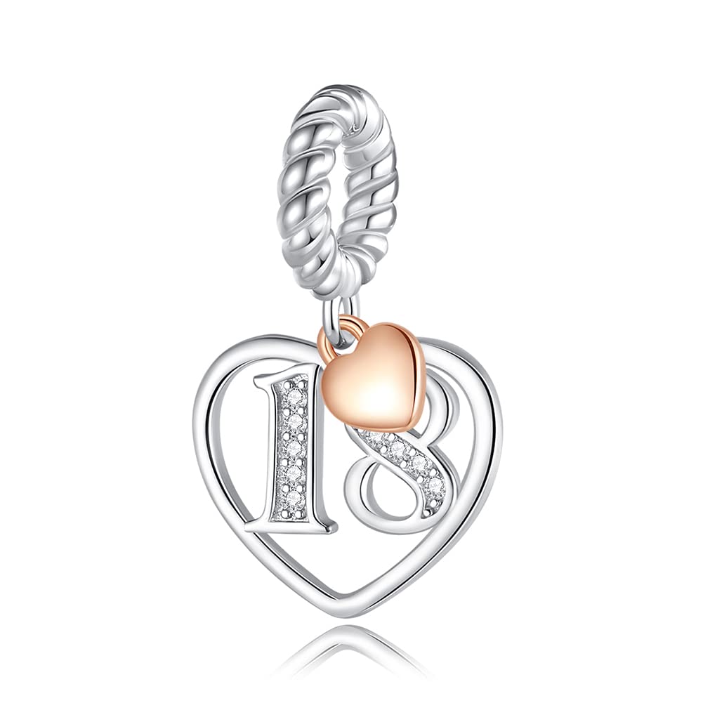 ABAOLANumber Dangle 10.16.18.20.21.30.40.50.60 Years of Love Cubic Zirconia Charm in 925 Sterling Silver,Number pendant with Rose Gold Heart, Sterling Silver, 925 sterling silver