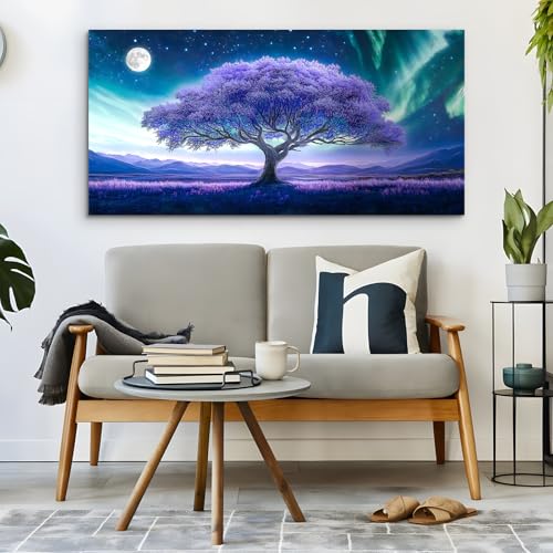 crmotu Tree of Life Large Wall Art for Living Room, Purple Tree Art Prints, Aurora Landscape Canvas Painting, Surreal Art Wall Pictures for Bedroom Bathroom, Modern Office Decor Artwork 24X48in