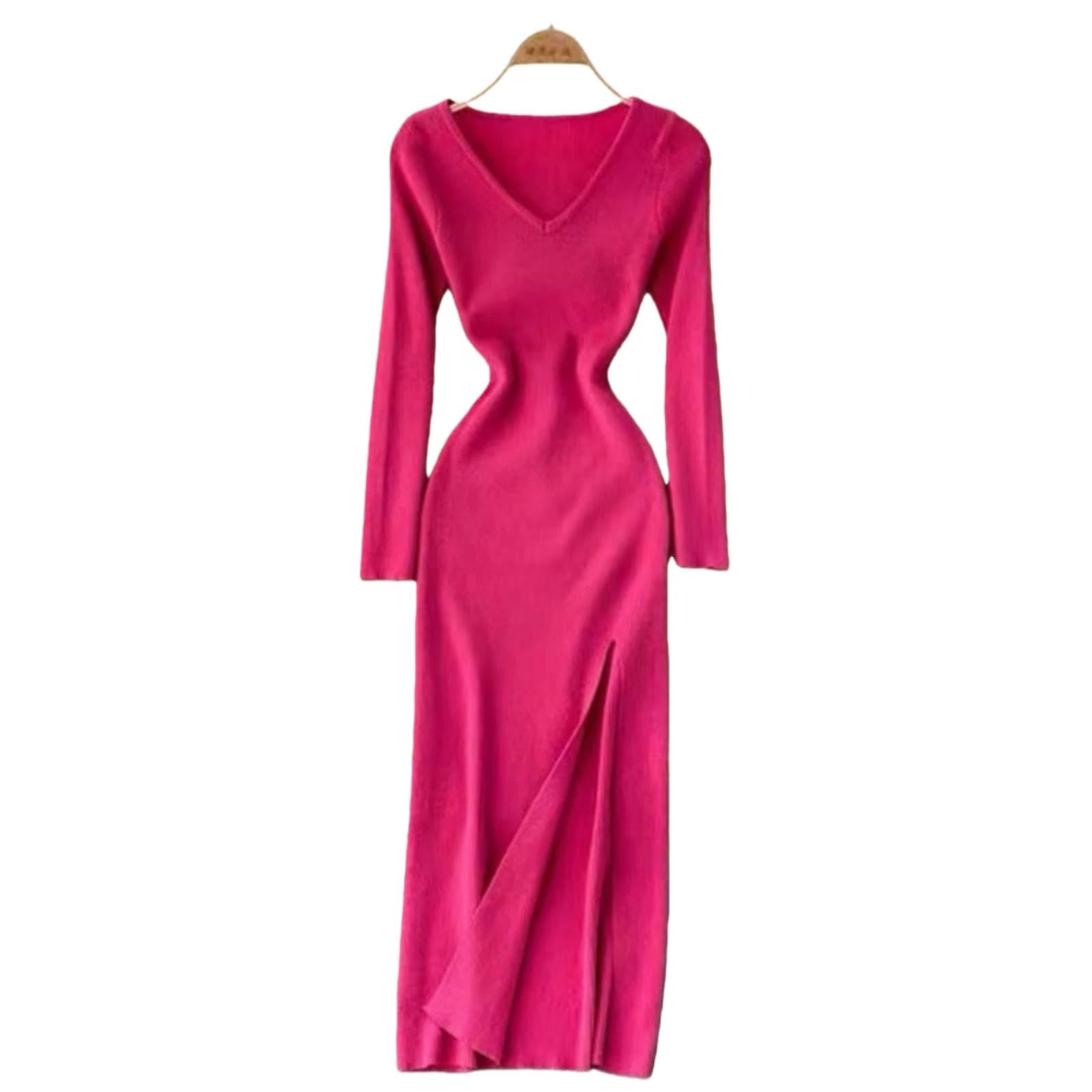 Vestiti a Maniche Lunghe Abito in Maglia da Donna Stile Francese, Avvolgente Slim Fit con Scollo V Spacco, Autunno Inverno per Feste E Abbigliamento Quotidiano-Arancione-s
