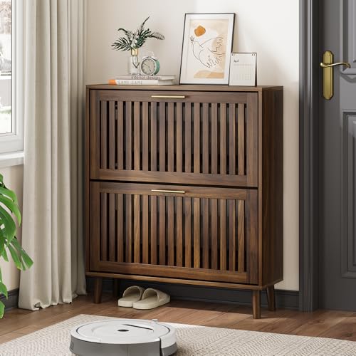 Shoe Cabinet, Shoe Storage Cabinet with Louvered 2 Flip Drawers, Narrow Shoe Cabinet Storage for Entryway, Freestanding Shoe Organizer Cabinet with Golden Handles, Slim Shoe Rack Cabinet (Walnut)