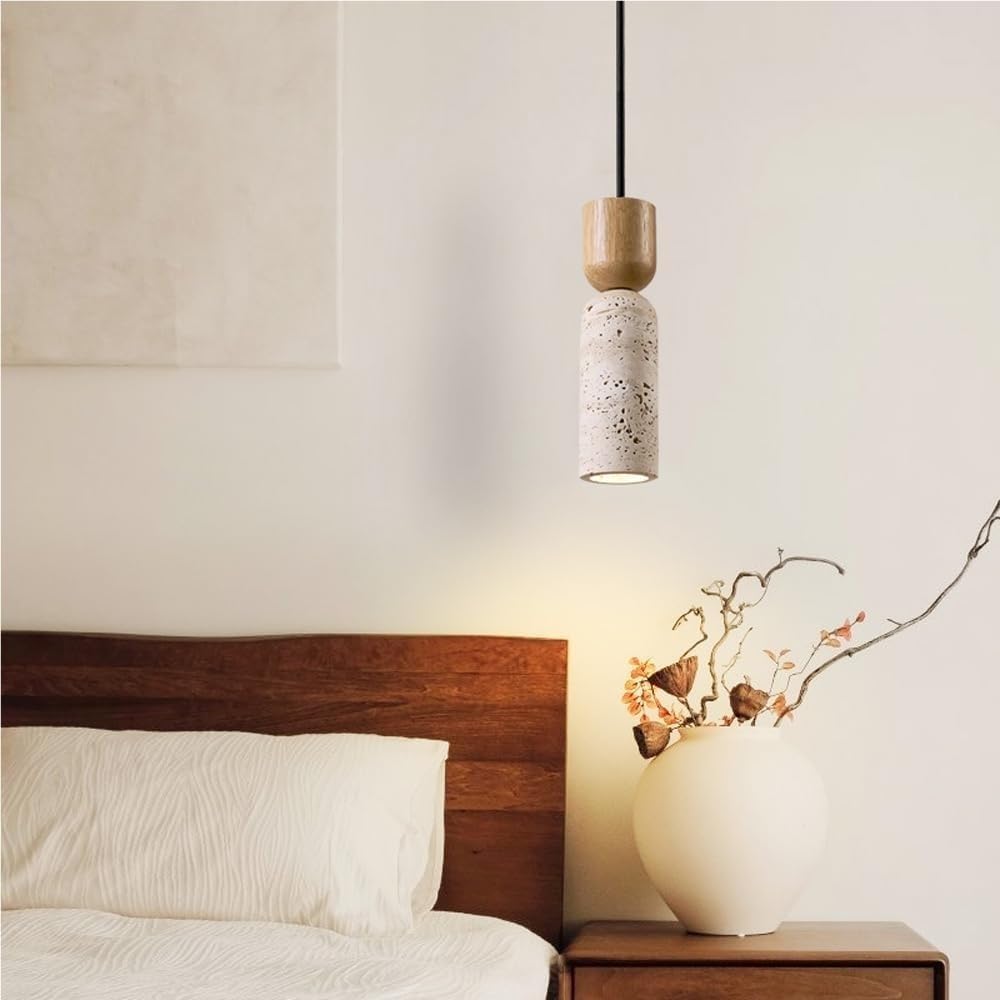 Lampada a sospensione vintage a testa singola a moderna a cilindro in travertino Stile giapponese Piccoli apparecchi di illuminazione in legno massello for ingresso camera da letto soggiorno