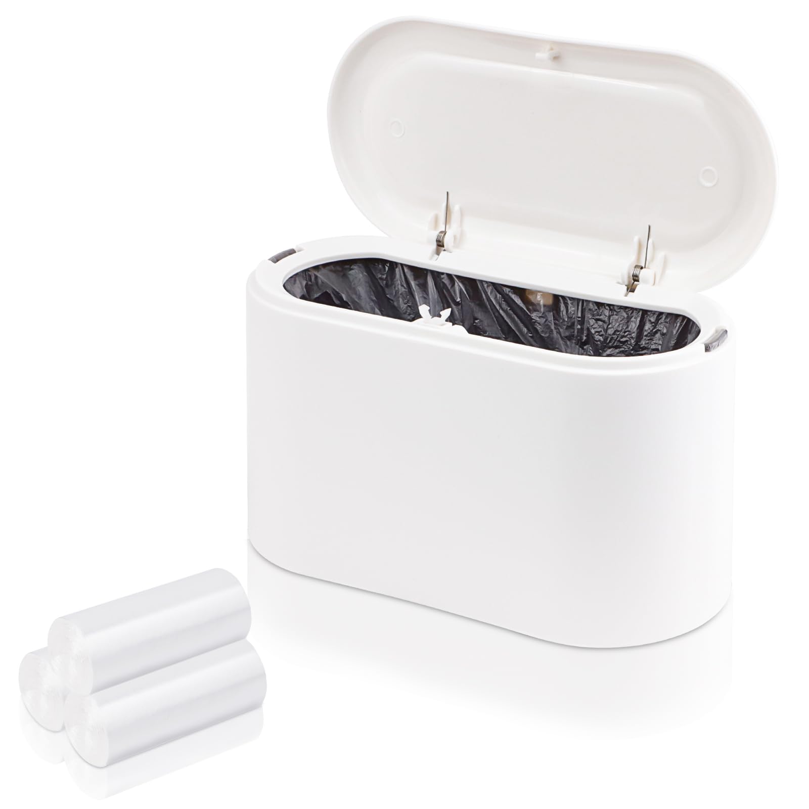 Small Bin, Small Bathroom Bin with Lid and 90PCS Trash Bags, Removable Desk Plastic Mini Office Bins, Pop Up Mini Dustbin, Desk Trash Can for Bathroom Coffee Bar Tabletop Dresser-White-image-19