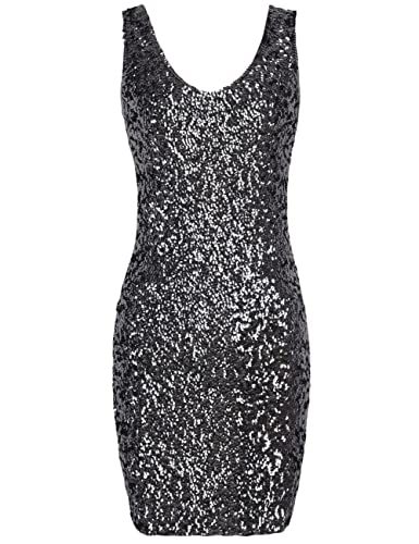 Image of PrettyGuide Women Sexy Deep V Neck Sequin Glitter Bodycon Stretchy Mini Party Dress Black XL