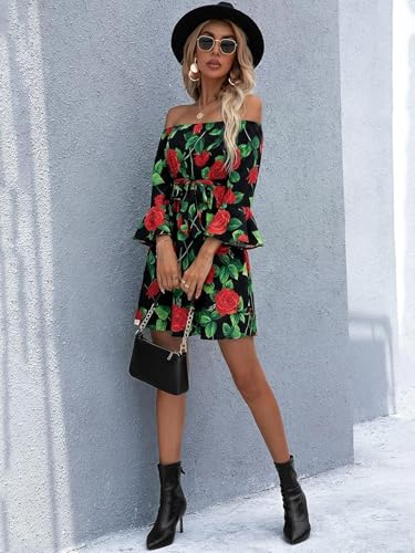 Image of Off Shoulder Ruffle Dress for Women, A-Line Mini Dress with Belt, Fitted Bust Summer Wedding Guest Dress