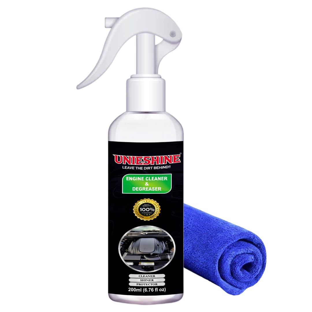 UNIESHINE Engine Cleaner & Degreaser Spray – Powerful Oil & Grease Remover | 200ML Combo with Microfiber Cloth